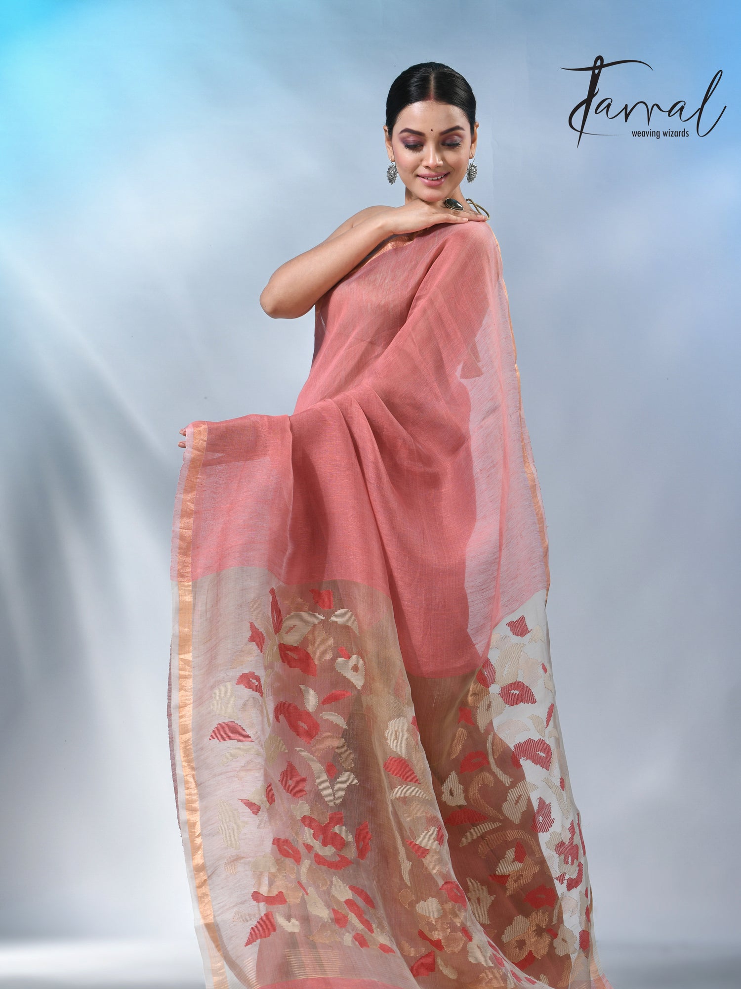 Rust with zari border pure silk linen handwoven jamdani saree