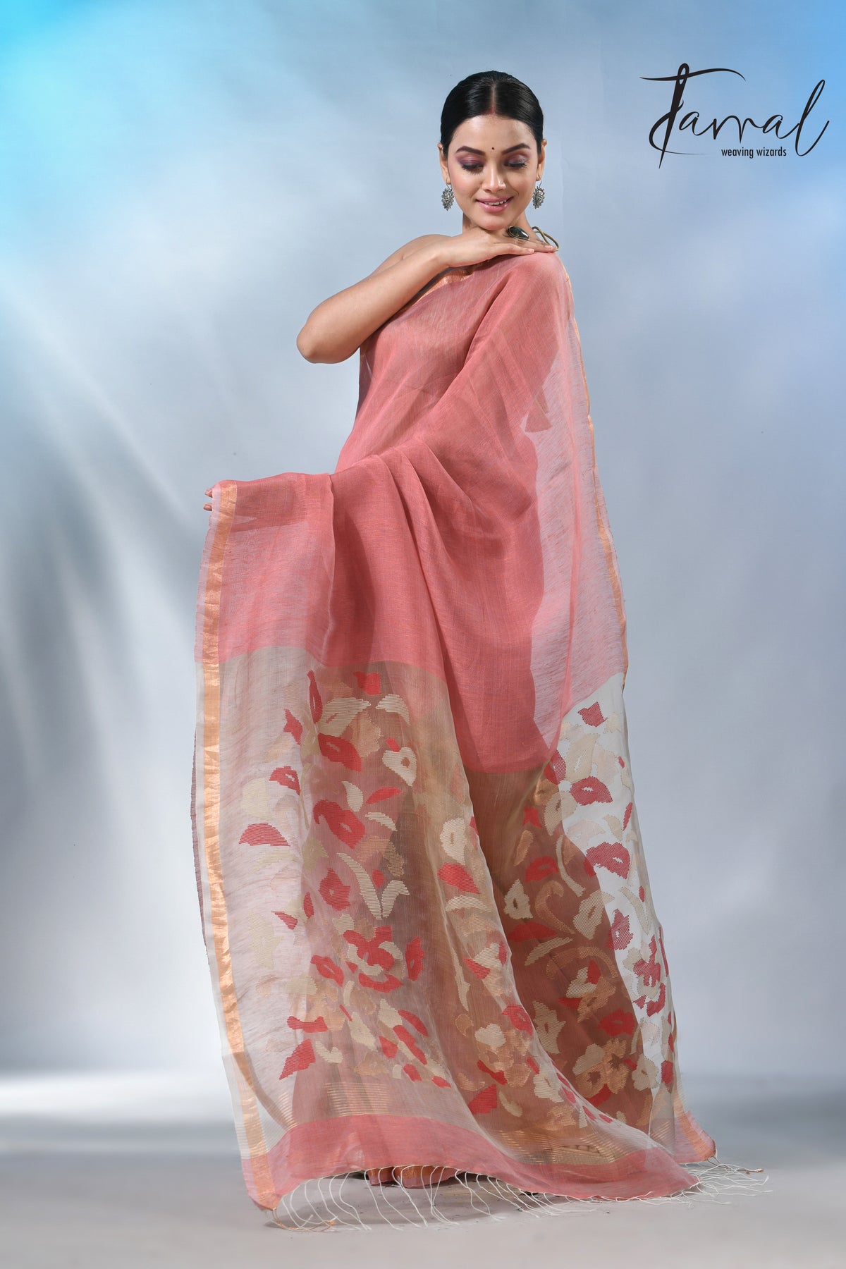Rust with zari border pure silk linen handwoven jamdani saree