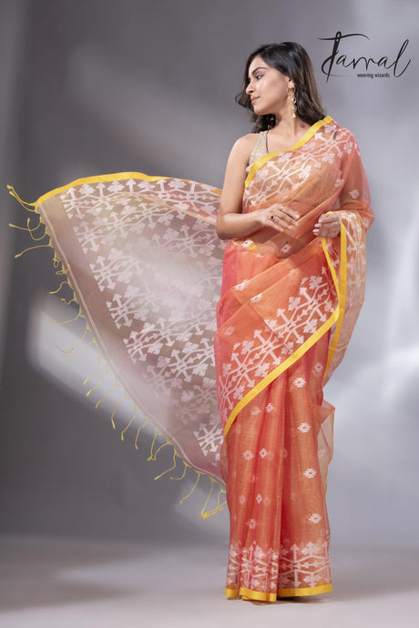Rustic Yellow border organza muslin handloom jacquard jamdani saree