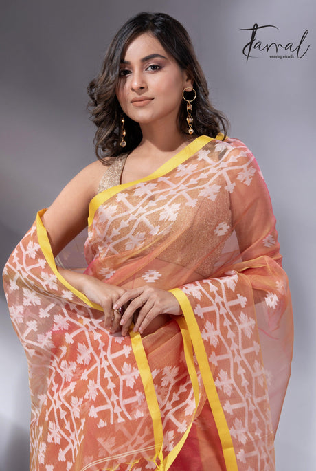 Rustic Yellow border organza muslin handloom jacquard jamdani saree