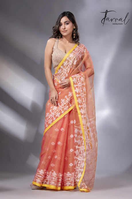 Rustic Yellow border organza muslin handloom jacquard jamdani saree2