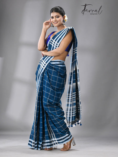 Firoza with white border check bhujoudi cotton handloom saree - Tamal Boutique