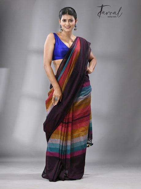 Brown with rainbow combination mul cotton handloom saree - Tamal Boutique