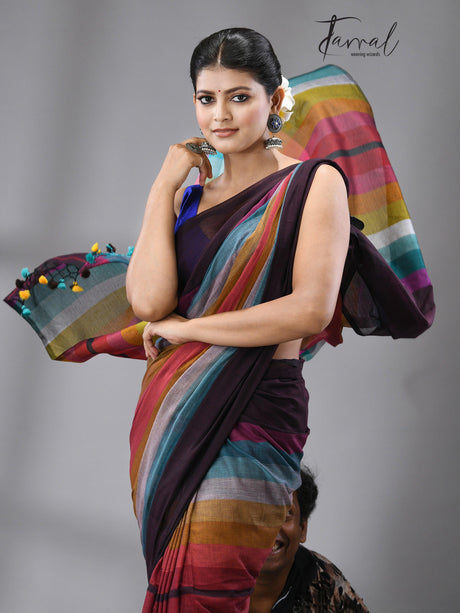 Brown with rainbow combination mul cotton handloom saree - Tamal Boutique