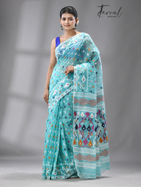 Turquoise blue with multi colour soft handloom dhakai jamdani saree with blouse piece - Tamal Boutique