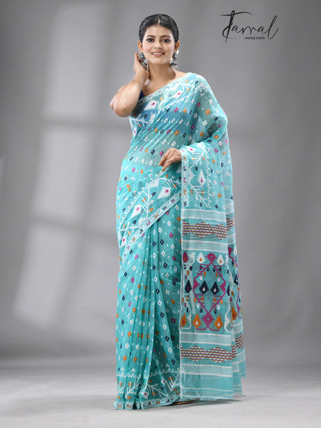 Turquoise blue with multi colour soft handloom dhakai jamdani saree with blouse piece - Tamal Boutique
