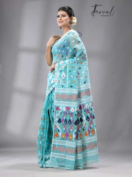 Turquoise blue with multi colour soft handloom dhakai jamdani saree with blouse piece - Tamal Boutique