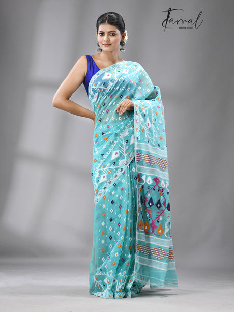 Turquoise blue with multi colour soft handloom dhakai jamdani saree with blouse piece - Tamal Boutique