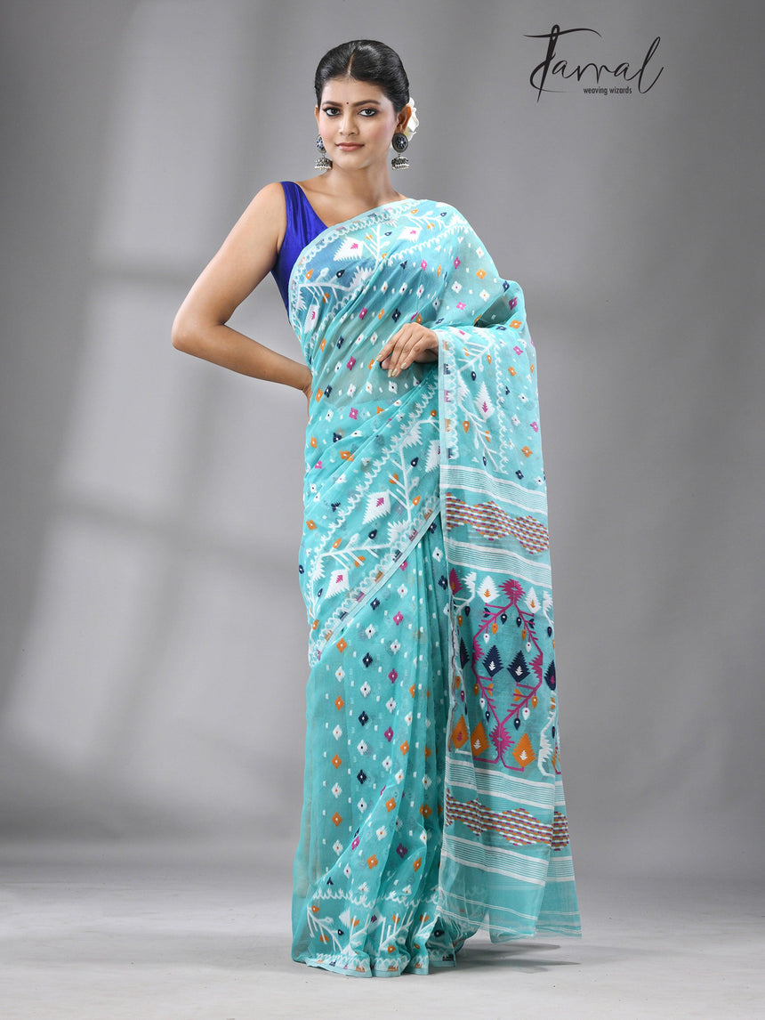 Turquoise blue with multi colour soft handloom dhakai jamdani saree with blouse piece - Tamal Boutique
