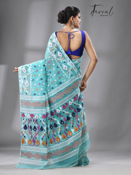 Turquoise blue with multi colour soft handloom dhakai jamdani saree with blouse piece - Tamal Boutique