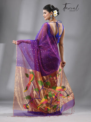 Dual tone blue Parrot Organza silk paithani sequins saree - Tamal Boutique