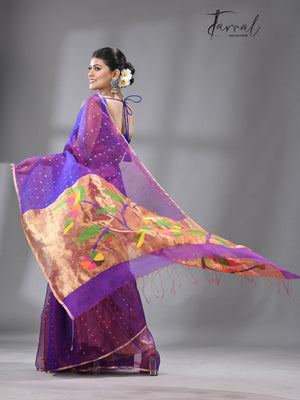 Dual tone blue Parrot Organza silk paithani sequins saree - Tamal Boutique