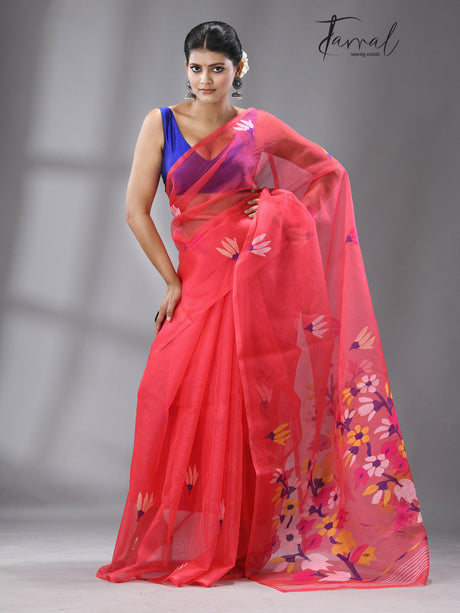 Hot Pink With Multi Colour Pallu Floral With Butas Allover Handwoven Jamadani Saree In Muslin Silk - Tamal Boutique