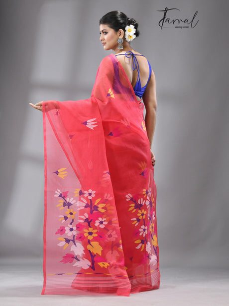Hot Pink With Multi Colour Pallu Floral With Butas Allover Handwoven Jamadani Saree In Muslin Silk - Tamal Boutique