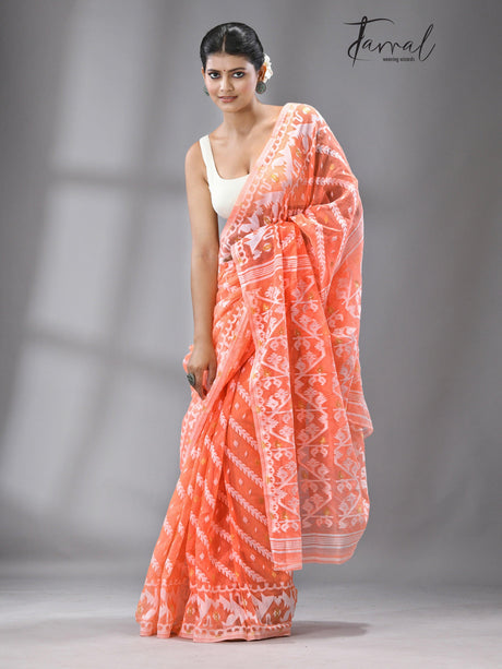 Light orange with white soft dhakai jamdani saree - Tamal Boutique