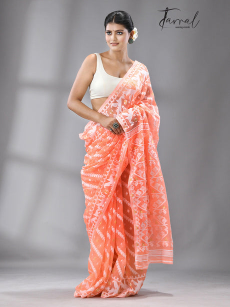 Light orange with white soft dhakai jamdani saree - Tamal Boutique