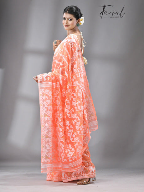 Light orange with white soft dhakai jamdani saree - Tamal Boutique
