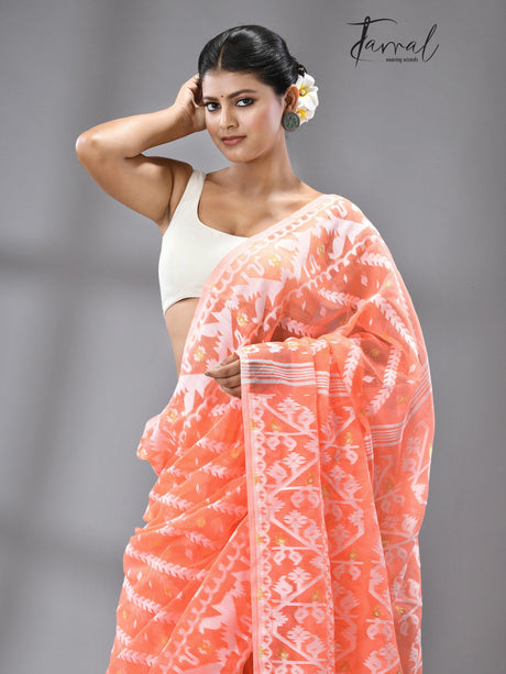 Light orange with white soft dhakai jamdani saree - Tamal Boutique