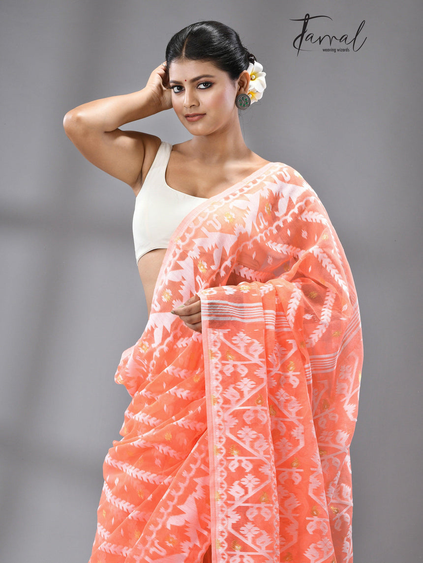 Light orange with white soft dhakai jamdani saree - Tamal Boutique