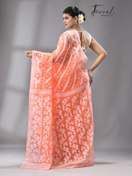 Light orange with white soft dhakai jamdani saree - Tamal Boutique