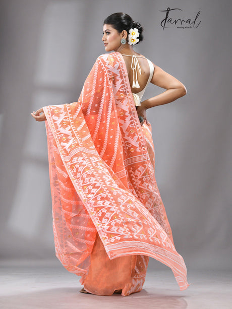 Light orange with white soft dhakai jamdani saree - Tamal Boutique