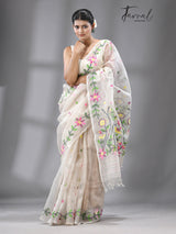 White with multicolour muslin silk floral lata design handwoven jamdani saree - Tamal Boutique