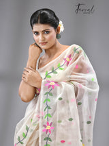 White with multicolour muslin silk floral lata design handwoven jamdani saree - Tamal Boutique