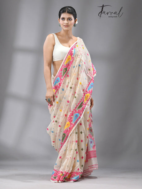 Off white with multi coloured soft handloom dhakai jamdani saree - Tamal Boutique