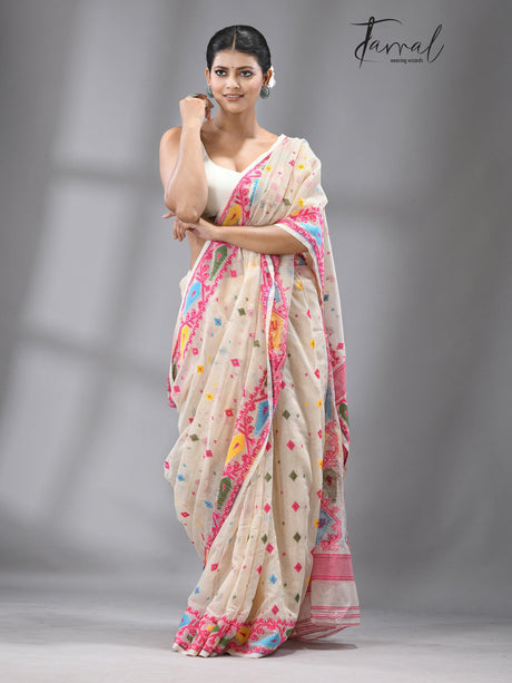 Off white with multi coloured soft handloom dhakai jamdani saree - Tamal Boutique