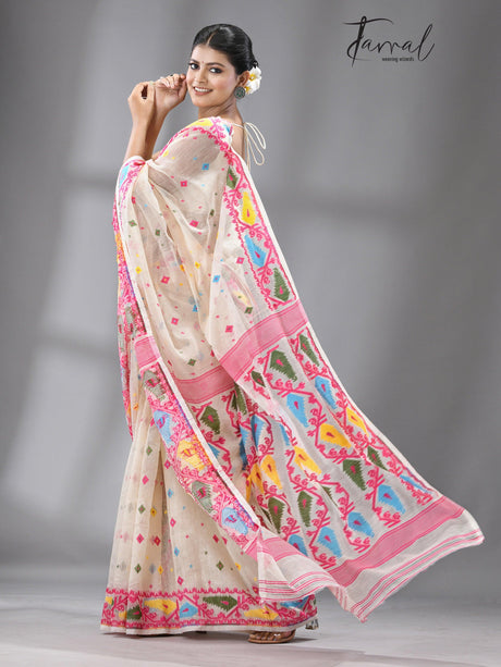 Off white with multi coloured soft handloom dhakai jamdani saree - Tamal Boutique