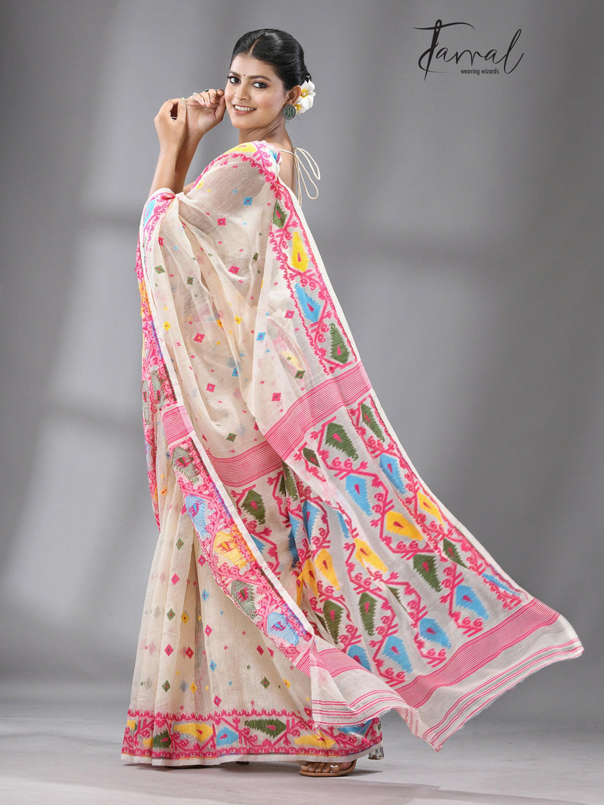 Off white with multi coloured soft handloom dhakai jamdani saree - Tamal Boutique