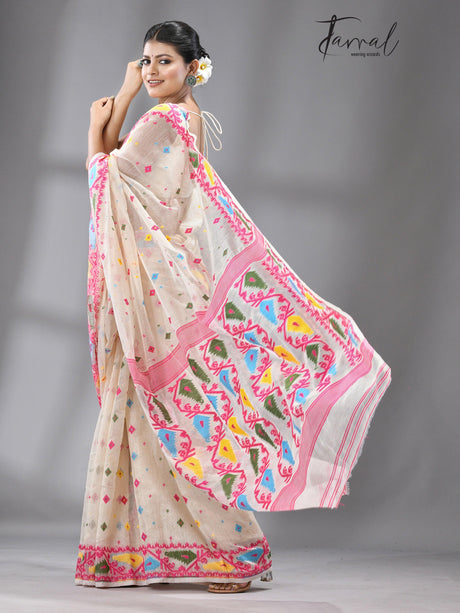 Off white with multi coloured soft handloom dhakai jamdani saree - Tamal Boutique