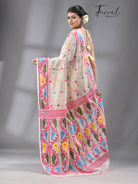 Off white with multi coloured soft handloom dhakai jamdani saree - Tamal Boutique