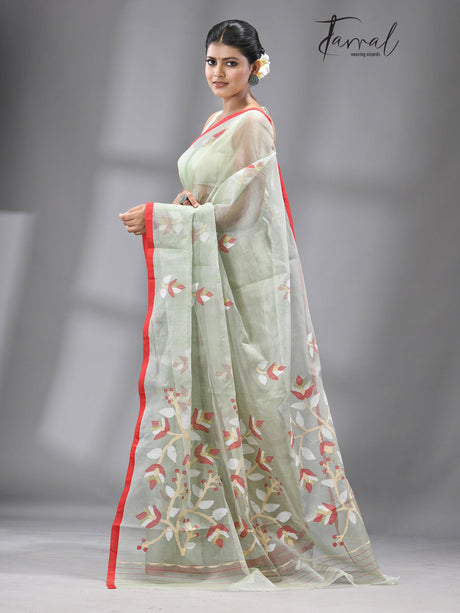Olive green with red border floral buta handwoven jamdani in muslin silk - Tamal Boutique