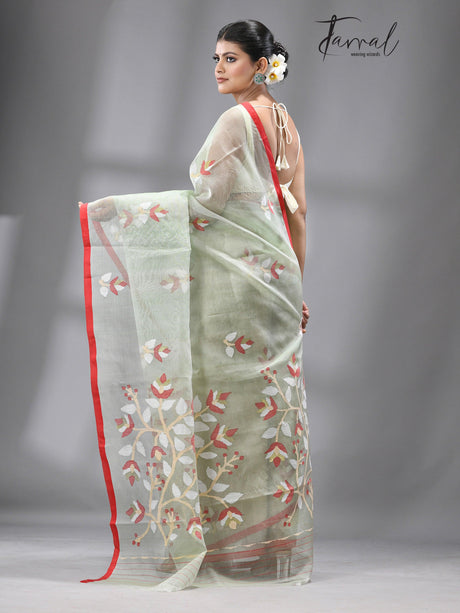 Olive green with red border floral buta handwoven jamdani in muslin silk - Tamal Boutique
