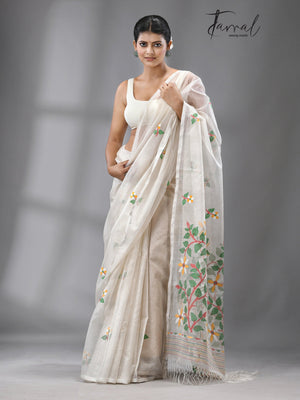 Periwinkle grace muslin silk handwoven jamdani saree - Tamal Boutique
