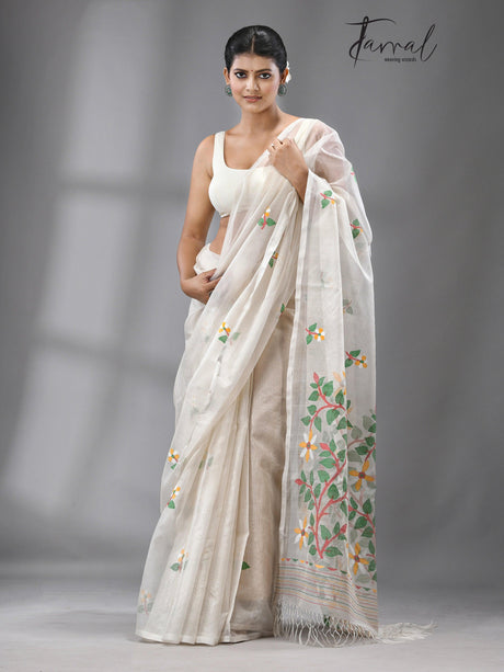 Periwinkle grace muslin silk handwoven jamdani saree - Tamal Boutique