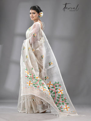 Periwinkle grace muslin silk handwoven jamdani saree - Tamal Boutique