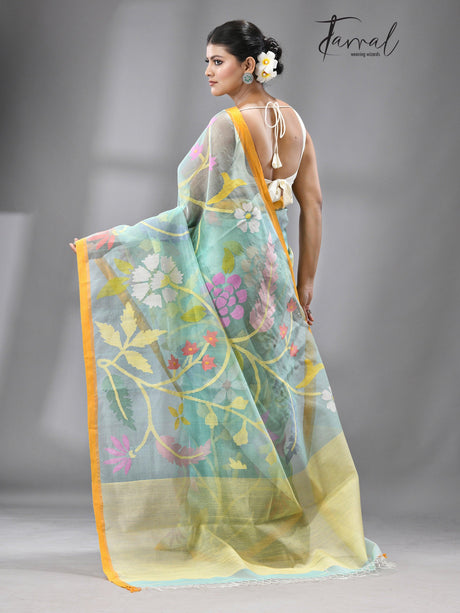 Firoza With Yellow border Multi Colour Allover Floral Muslin Silk Handwoven Jamdani Saree - Tamal Boutique