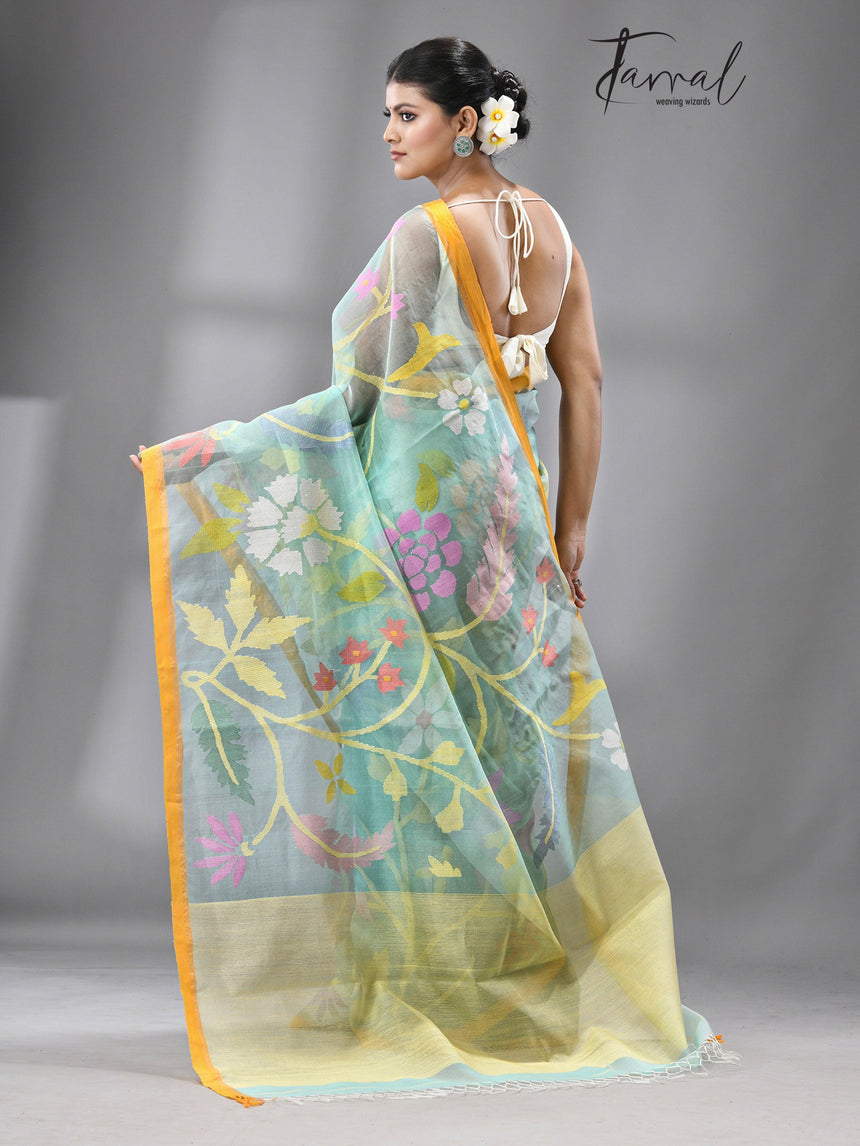 Firoza With Yellow border Multi Colour Allover Floral Muslin Silk Handwoven Jamdani Saree - Tamal Boutique