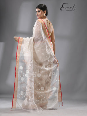 Offwhite with red & zari border silk linen handwoven jamdani saree - Tamal Boutique