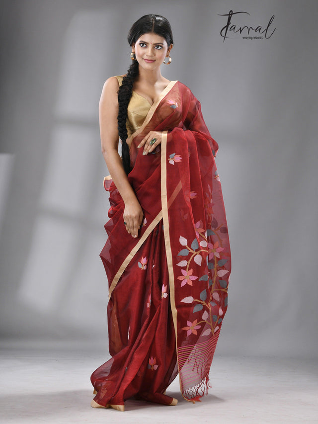 Wine with Tusser border multi colour floral buta muslin silk handwoven jamdani saree - Tamal Boutique