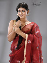 Wine with Tusser border multi colour floral buta muslin silk handwoven jamdani saree - Tamal Boutique