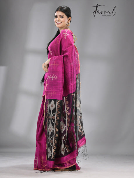 Rani with black colour traditional handwoven matka silk handwoven jamdani saree - Tamal Boutique