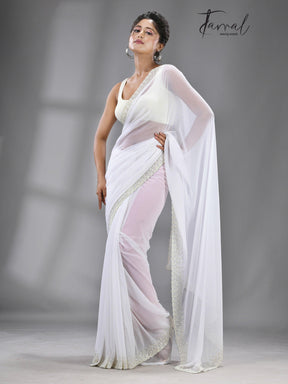 White stone chiffon zardosi work saree - Tamal Boutique