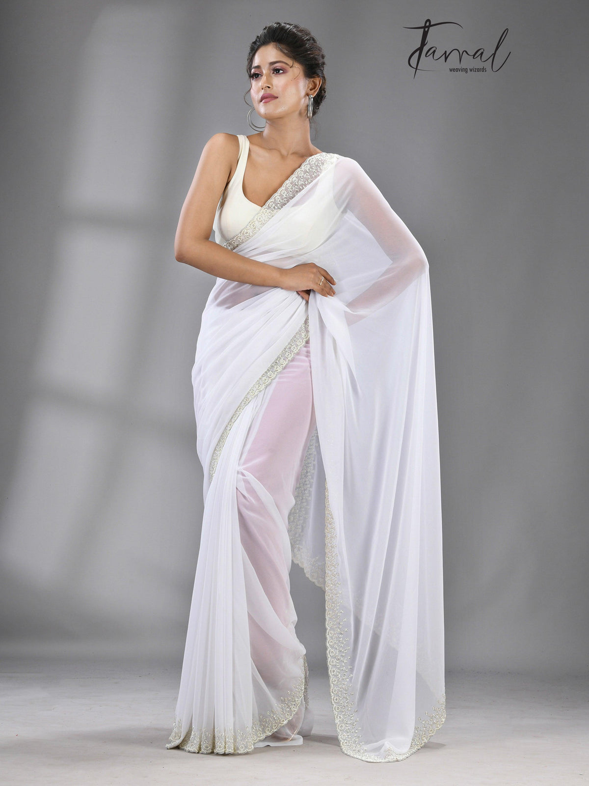 White stone chiffon zardosi work saree - Tamal Boutique