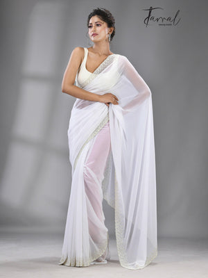 White stone chiffon zardosi work saree - Tamal Boutique