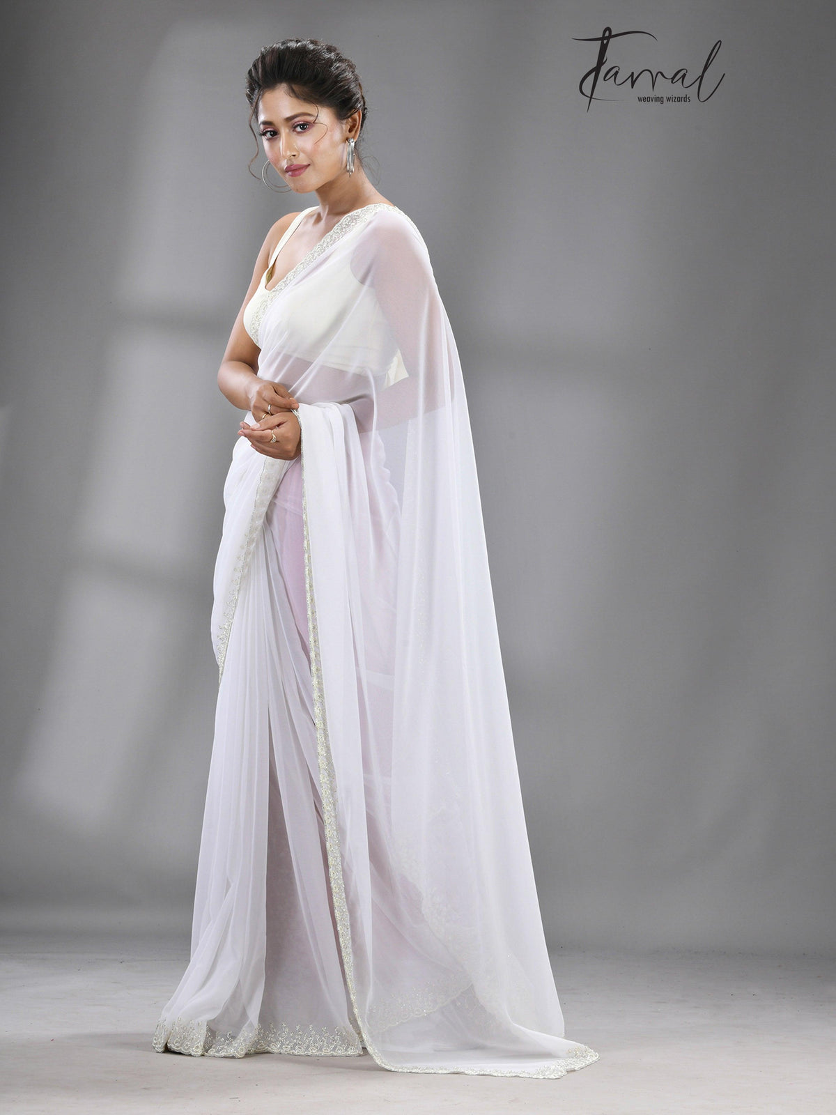 White stone chiffon zardosi work saree - Tamal Boutique