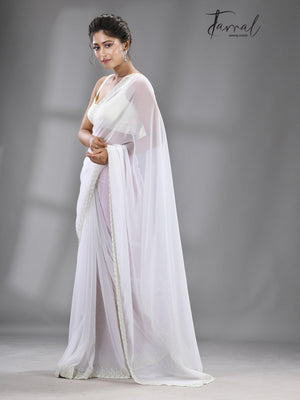 White stone chiffon zardosi work saree - Tamal Boutique