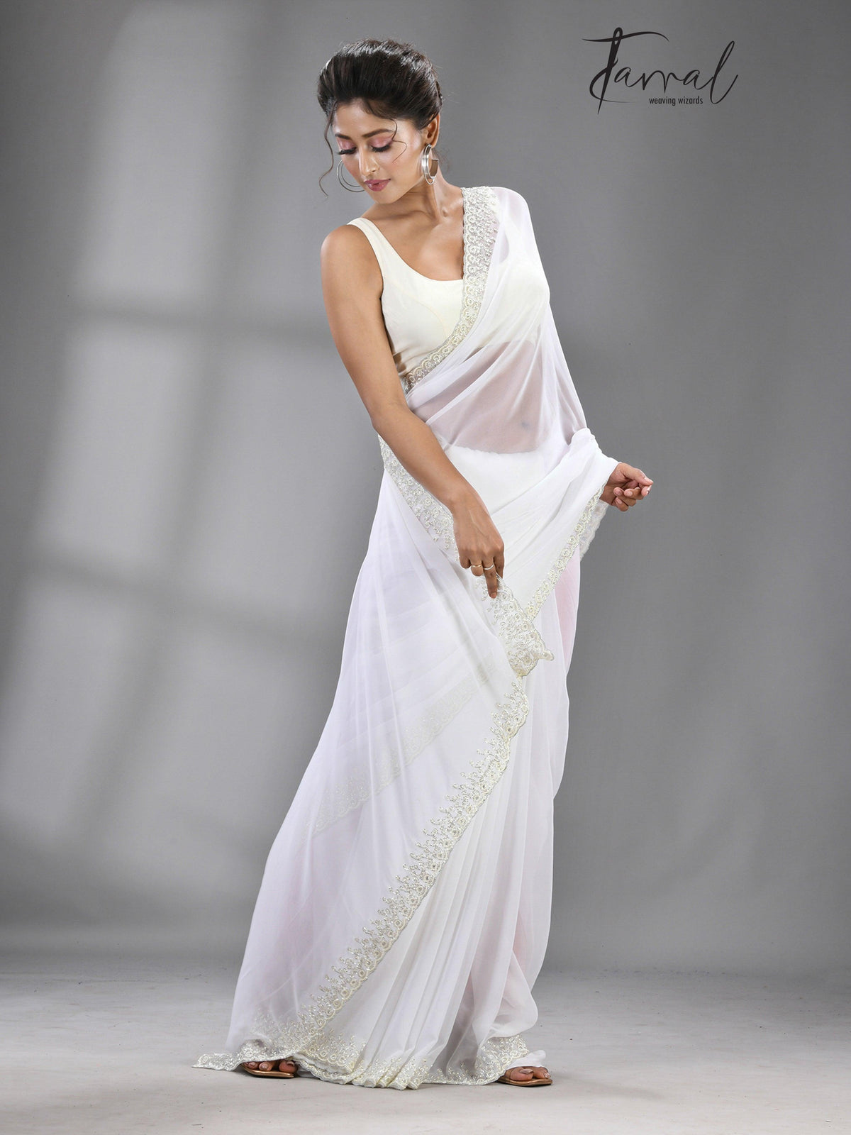 White stone chiffon zardosi work saree - Tamal Boutique